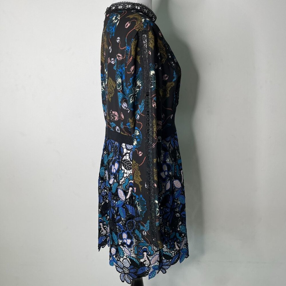 Self Portrait Women's Blue Black Long Sleeve Lace Floral Midi Dress Size 10 - Picture 3 of 12